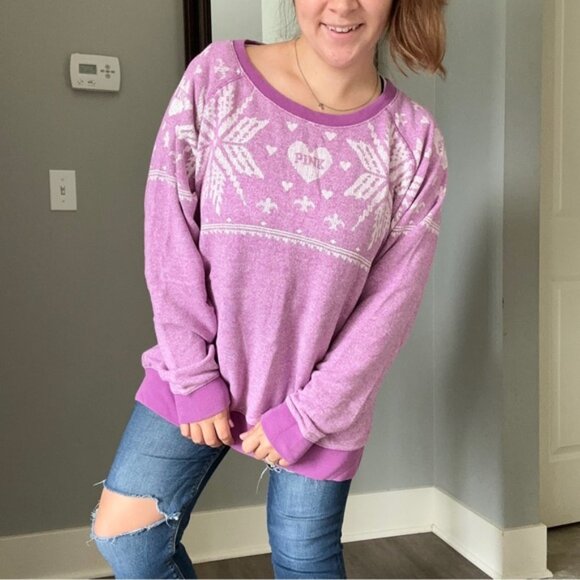 Victoria's Secret PINK | Lavender Fair Isle Snowflake Crew Sweater | Size Small - Picture 3 of 12